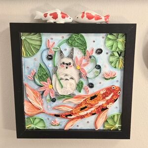 Totoro Koi Fish Lotus Paper Quilling Framed Art NWT